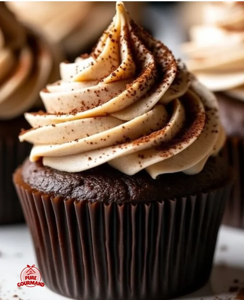Delicious espresso brownie cupcakes topped with creamy frosting