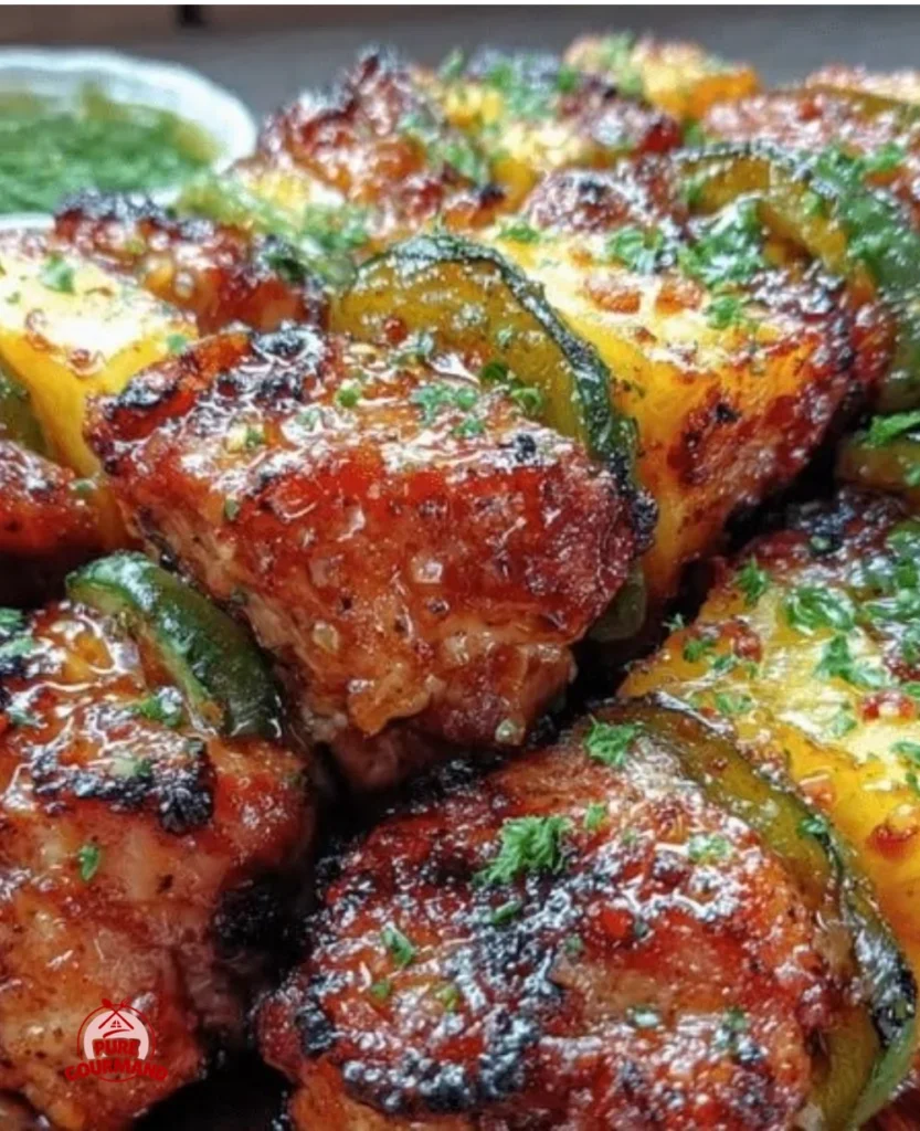Spicy grilled chicken kebabs with jalapeño and pineapple on the grill.