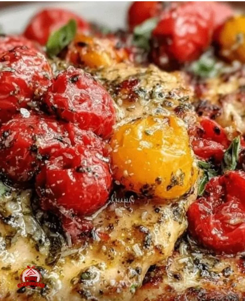 Delicious pesto chicken with cherry tomatoes served on a plate