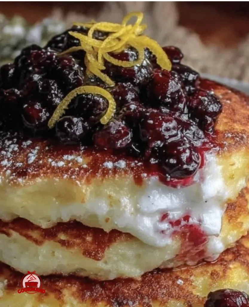 Fluffy lemon ricotta pancakes with blueberry compote on a plate