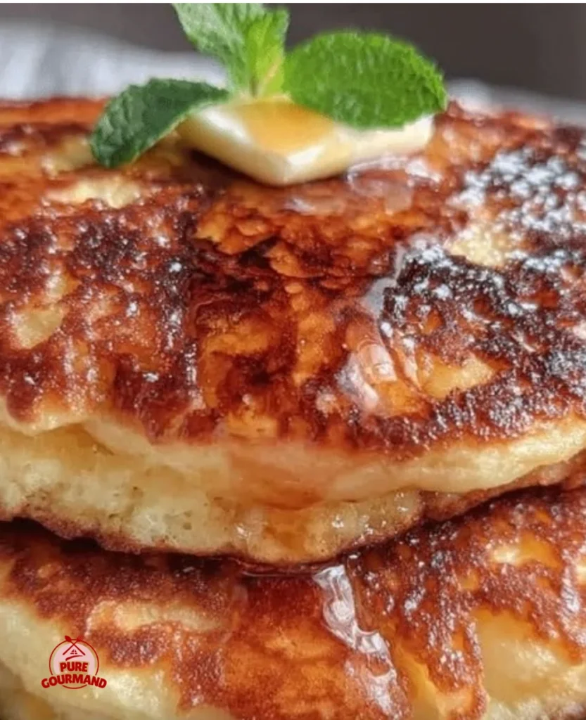 Fluffy sourdough discard pancakes stacked on a plate with syrup
