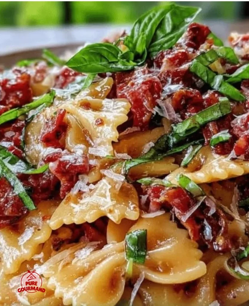 Fresh Tuscan sun-dried tomato bow tie pasta salad ready for weeknight meals