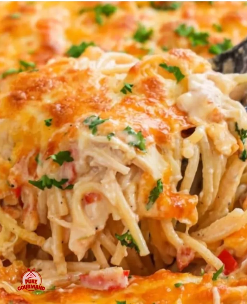 A warm bowl of chicken spaghetti topped with herbs and cheese, evoking comfort food vibes.