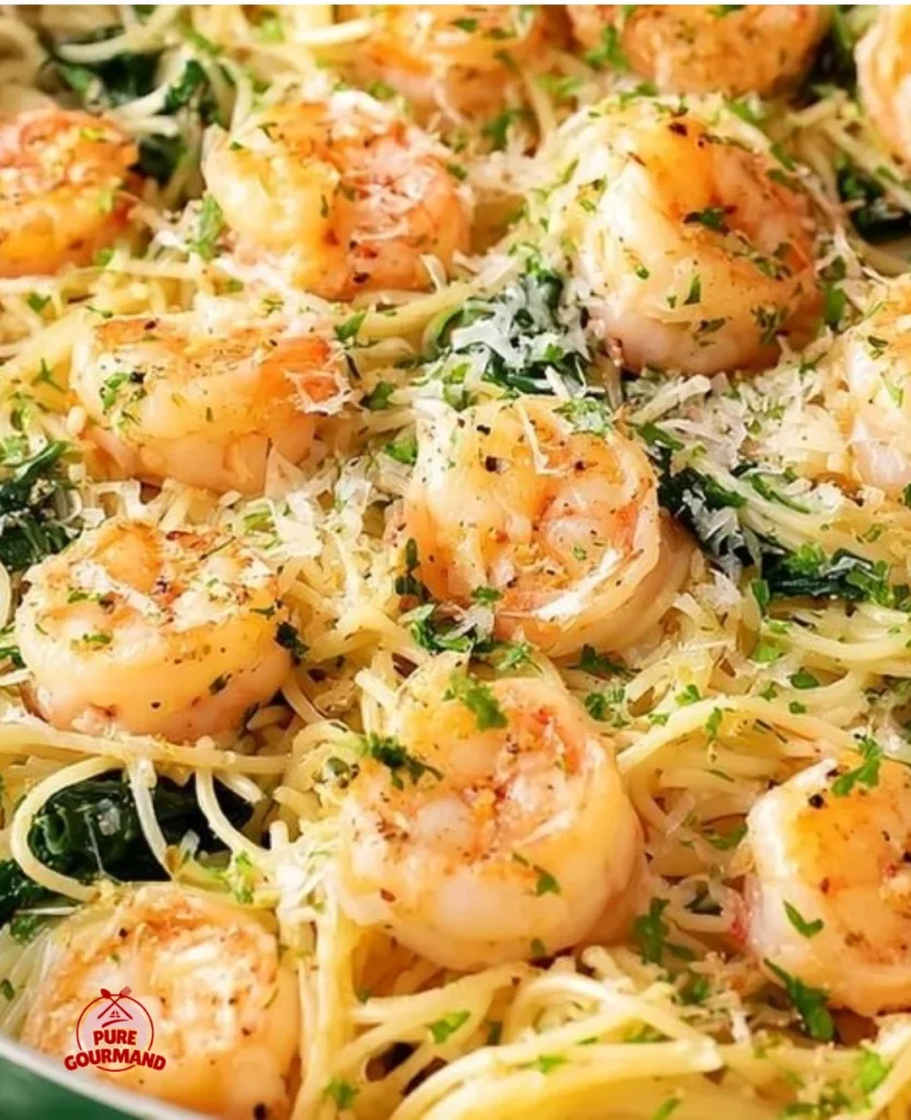 Delicious garlic butter shrimp served with angel hair pasta.