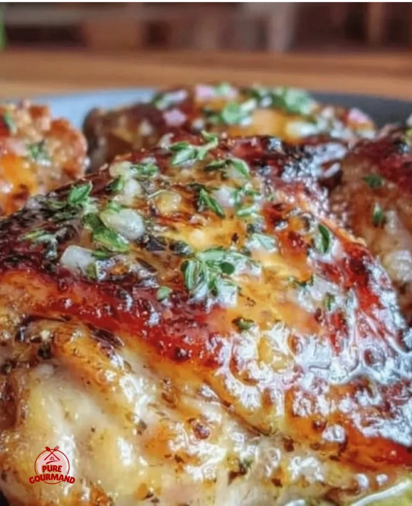 Delicious garlic herb butter chicken thighs served on a plate with herbs