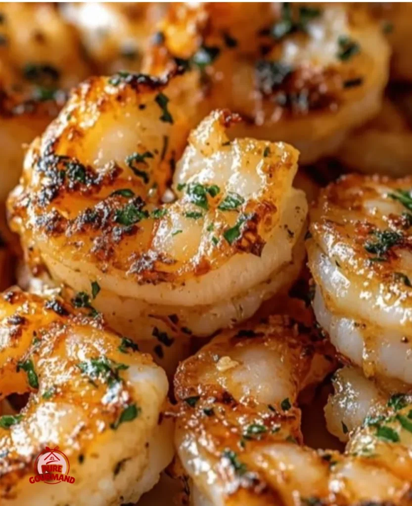 Delicious Garlic Parmesan Roasted Shrimp on a platter with herbs