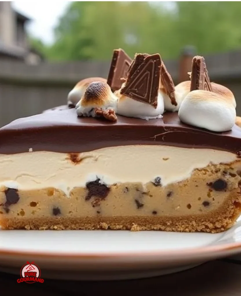 Giant s'mores cookie dough pie with chocolate and toasted marshmallows.