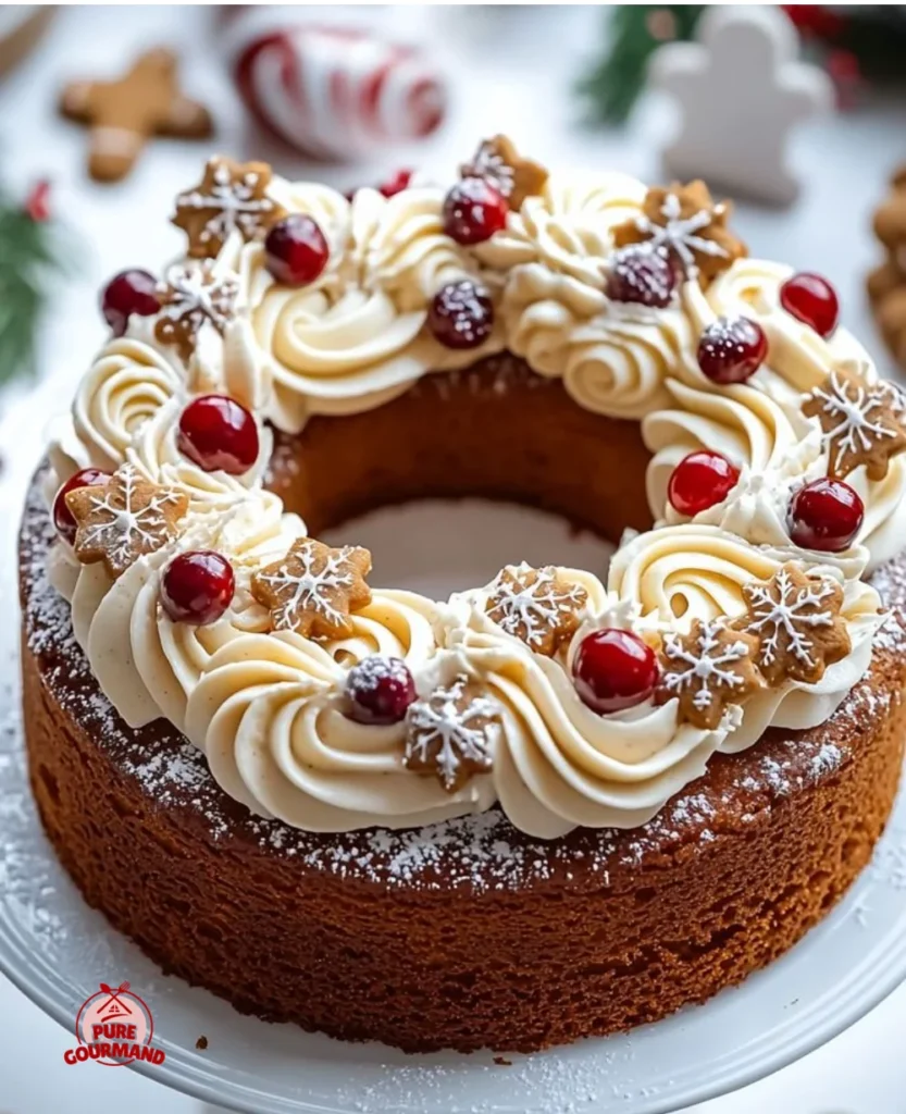 Delicious Gingerbread Wreath Cake decorated for the holidays