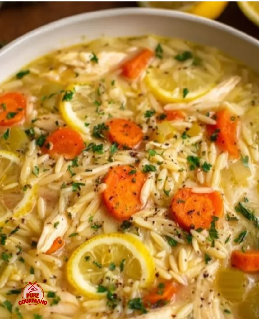 Bowl of Greek-inspired lemon chicken orzo soup garnished with fresh herbs