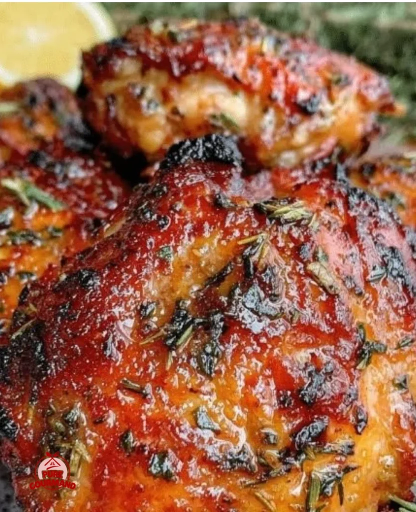 Greek Marinated Lemon Herb Chicken Thighs with fresh herbs and lemon slices