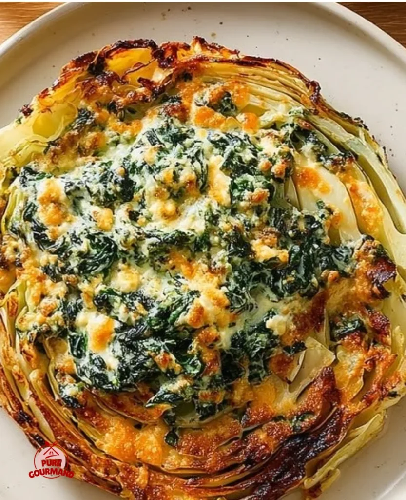 Greek roasted cabbage steak with spanakopita filling on a plate