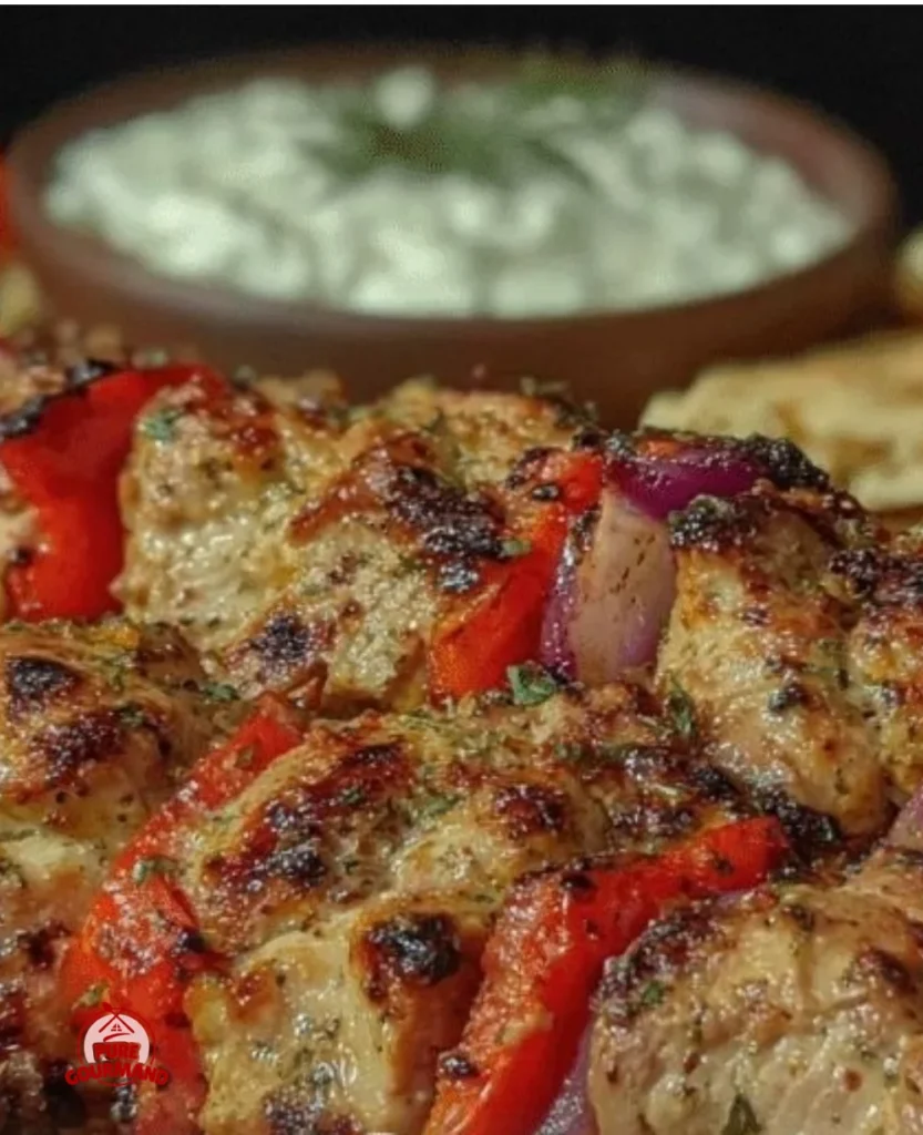 Greek souvlaki skewers served with tzatziki and pita bread.
