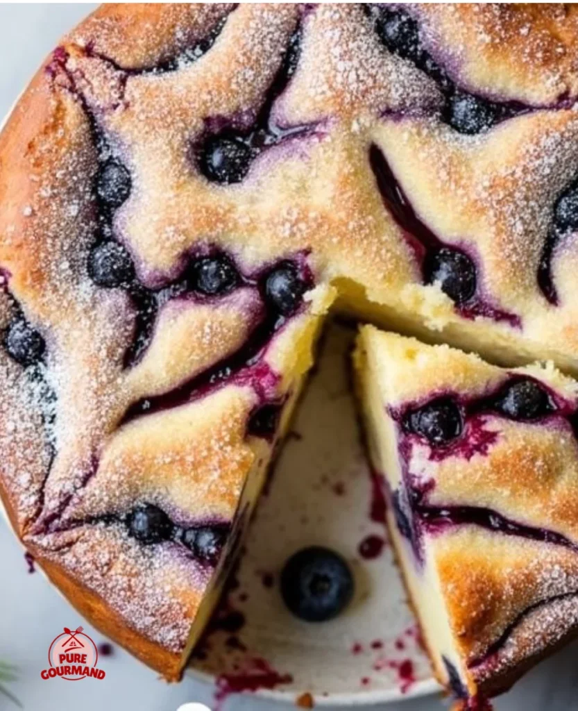 Greek Yogurt Blueberry Cake topped with fresh blueberries and mint leaves