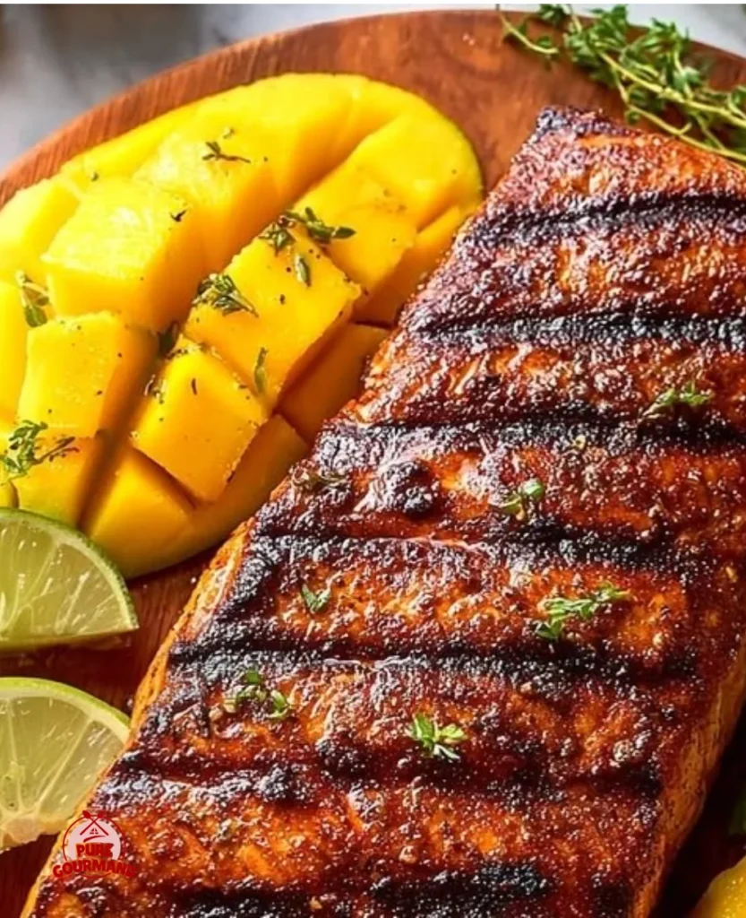 Delicious grilled jerk salmon served on a plate with fresh herbs