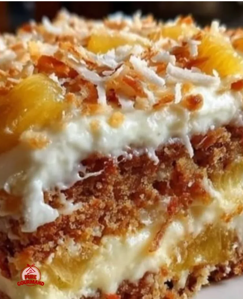 Hawaiian Carrot Pineapple Cake topped with creamy frosting and garnished with pineapple