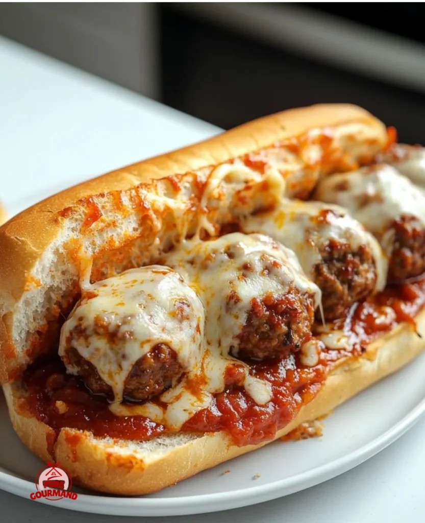 Hearty meatball sub with meatballs, marinara sauce, and melted cheese on a toasted roll.