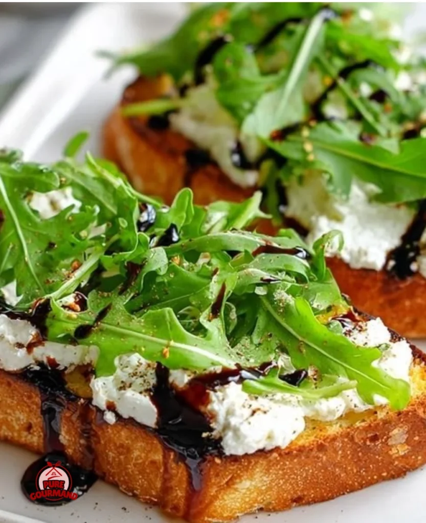 High protein arugula toast with cottage cheese on a wooden plate