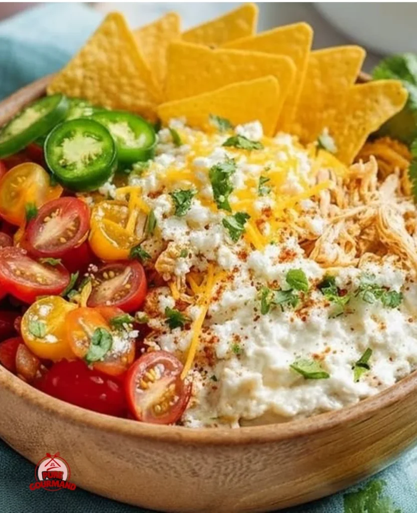 High protein cottage cheese chicken taco bowl topped with fresh ingredients