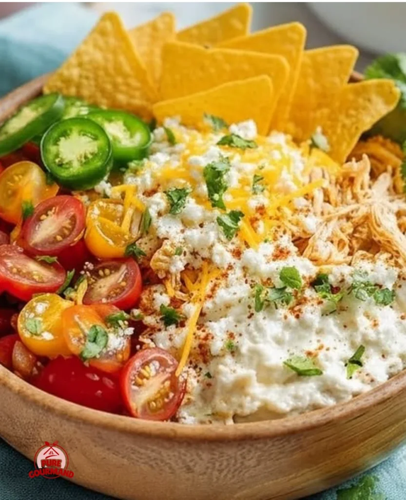 High-protein cottage cheese chicken taco bowl with fresh toppings