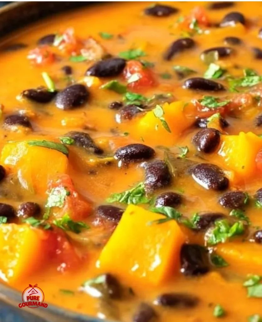 Bowl of homemade black bean pumpkin soup topped with herbs and spices