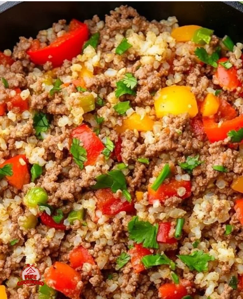 Homemade cauliflower rice mixed with seasoned ground beef in a bowl