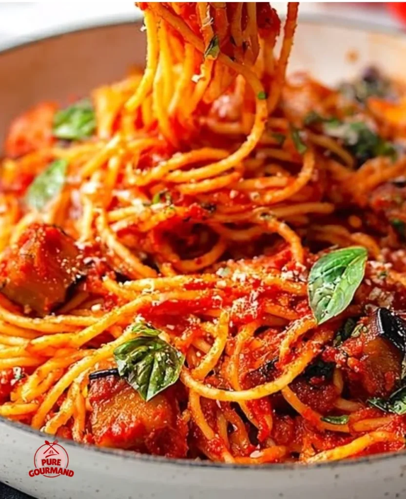 Plate of homemade Pasta alla Norma topped with eggplant and basil