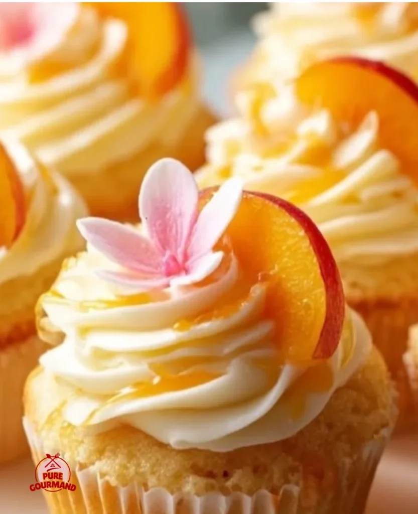 Freshly baked honey peach cream cheese cupcakes topped with peach slices