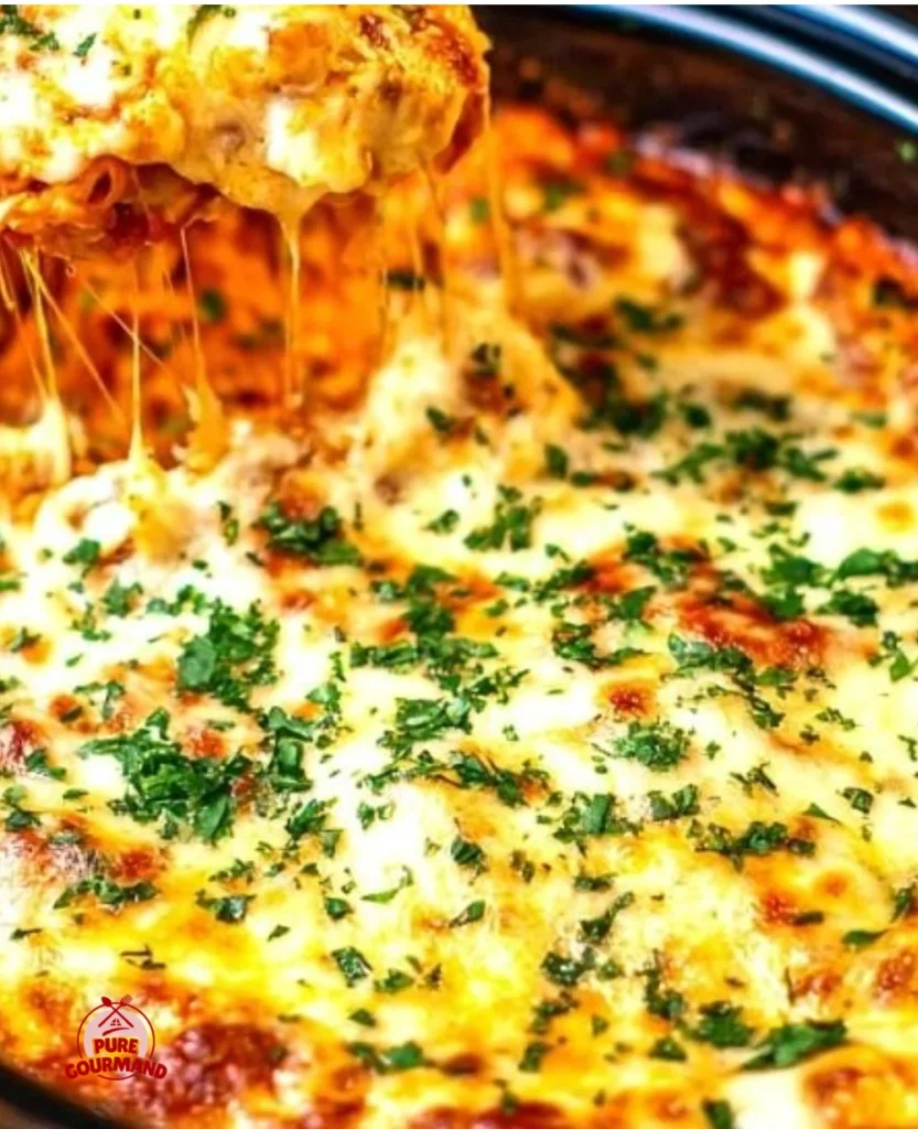 Delicious crockpot lasagna cooked to perfection with layers of cheese, pasta, and sauce.