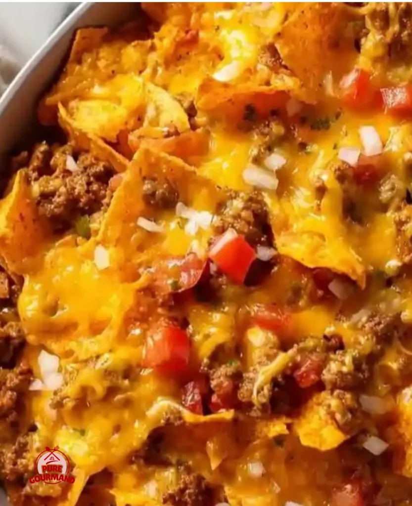 Delicious Doritos Taco Casserole topped with crunchy Doritos and melted cheese