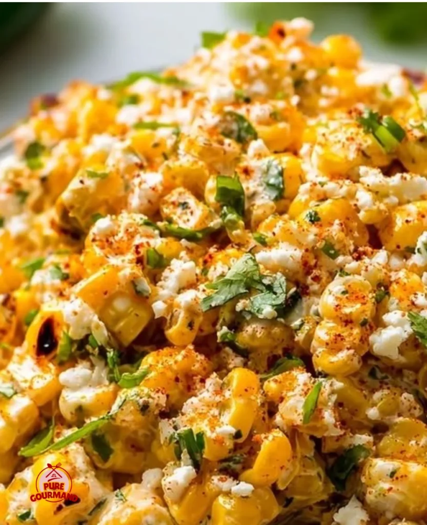 Bowl of delicious Mexican street corn salad garnished with cilantro and lime.