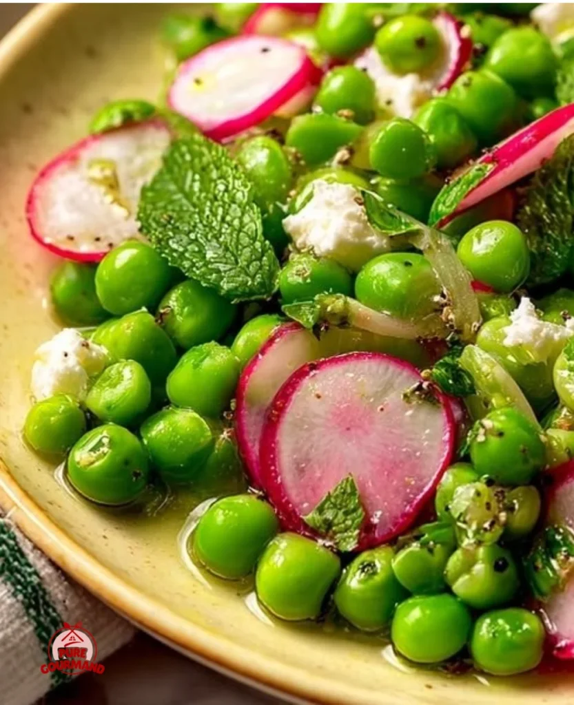 Delicious and colorful pea salad served in a bowl