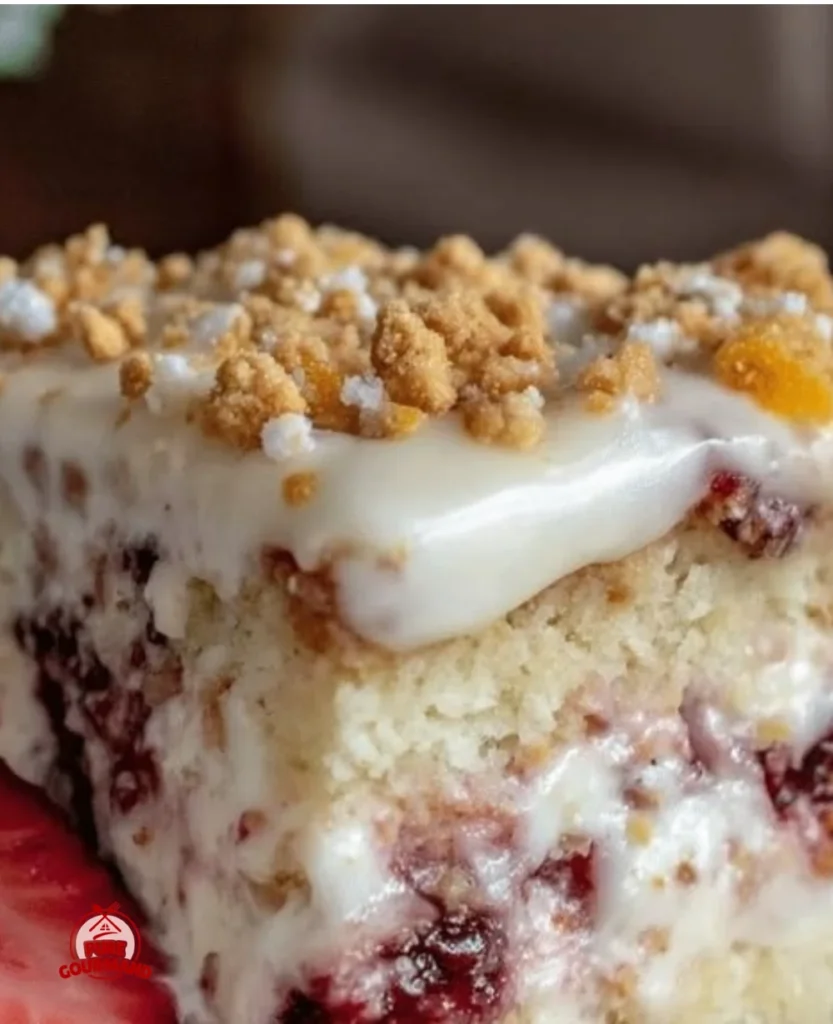 Irresistible Strawberry Vanilla Crunch Cake topped with Golden Oreo crumbles