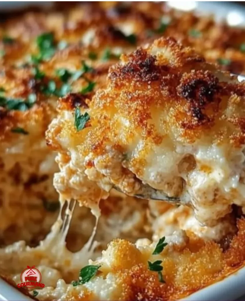 Cheesy high protein chicken parmesan casserole served in a baking dish