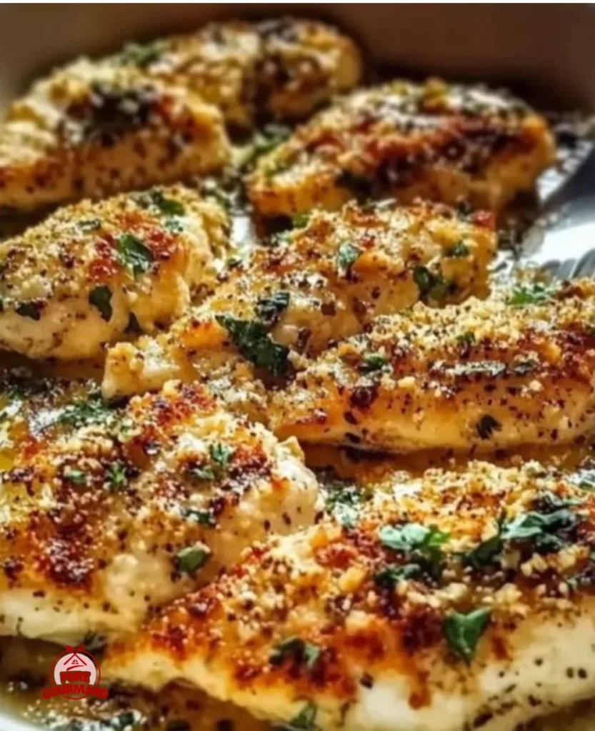 Baked garlic parmesan chicken garnished with herbs and served on a plate.