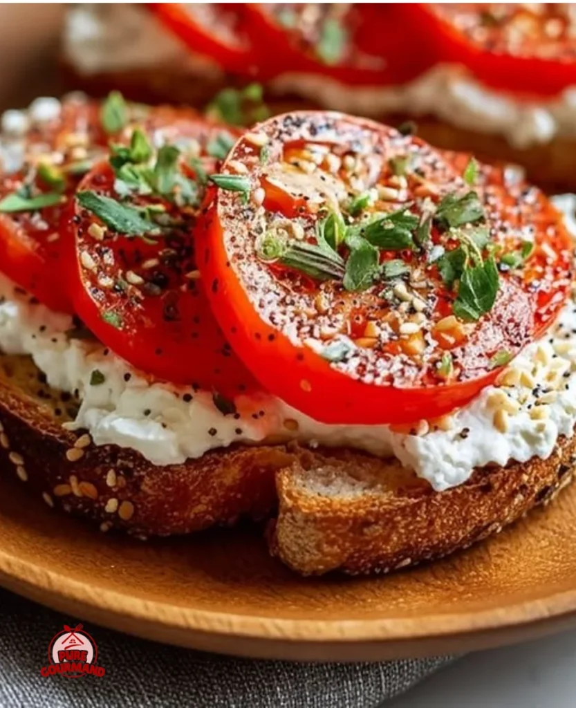 Juicy cottage cheese and tomato toast served on a wooden table