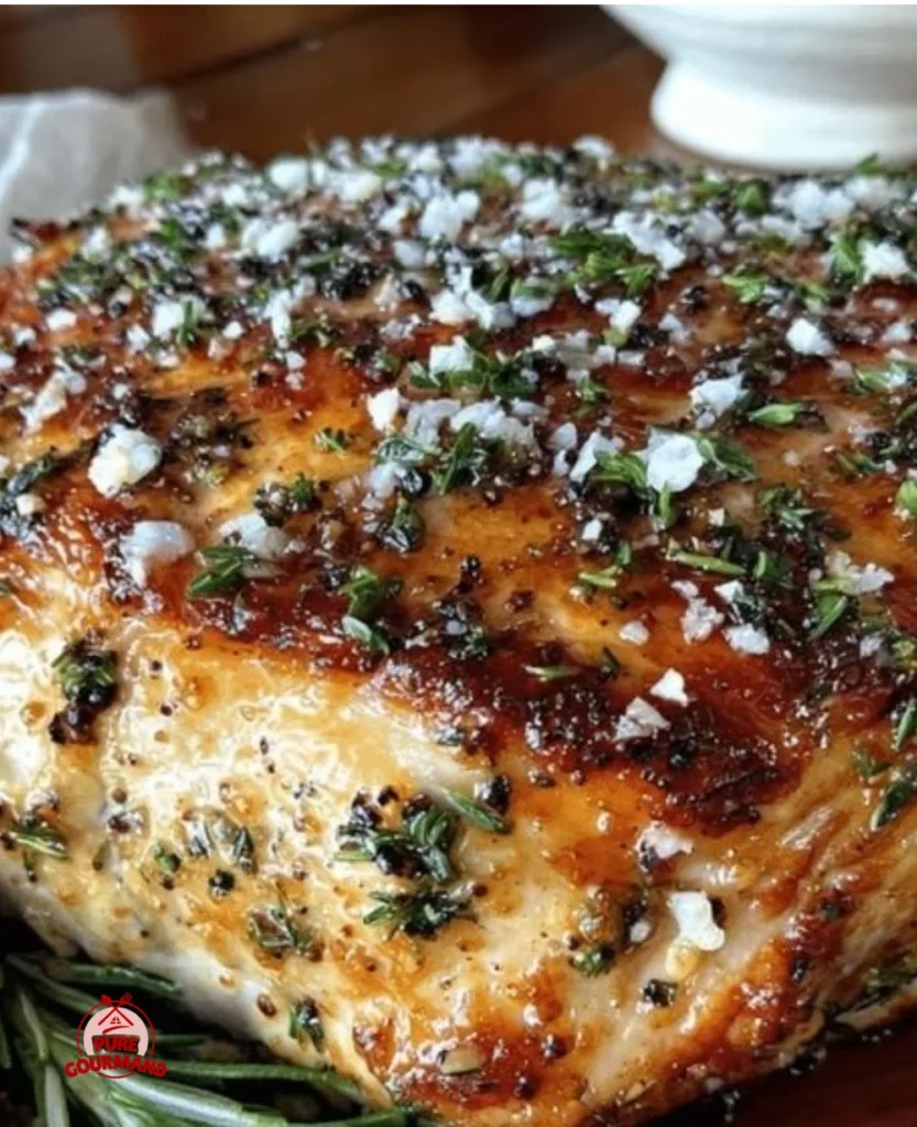 Juicy herb butter roasted turkey breast garnished with fresh herbs