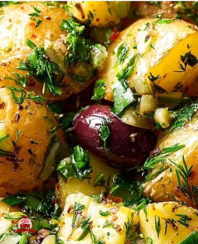 Kalamata Potato Salad with Olives in a serving bowl, garnished with herbs
