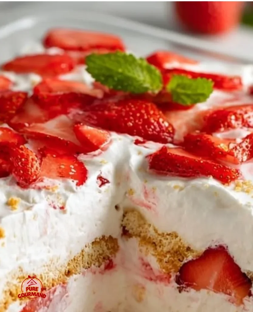 Layered strawberry icebox cake with fresh strawberries and whipped cream