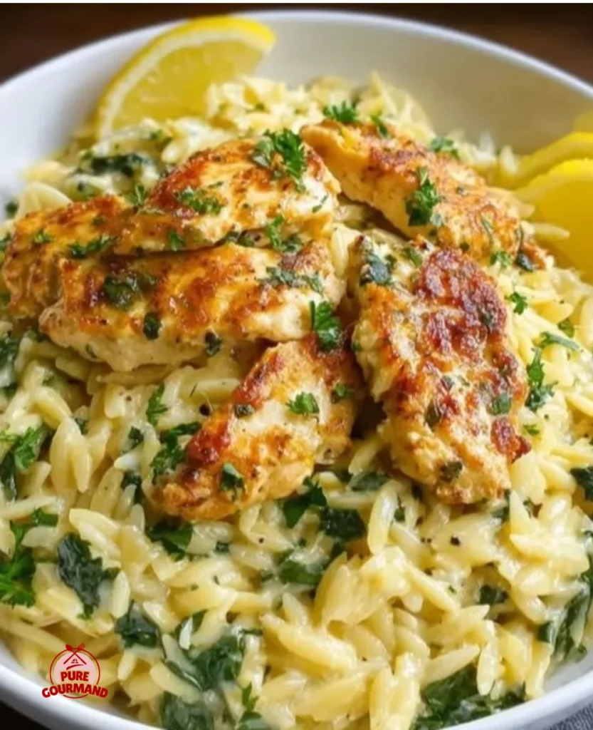 Lemon Chicken with Orzo presented in a cozy dining setting.