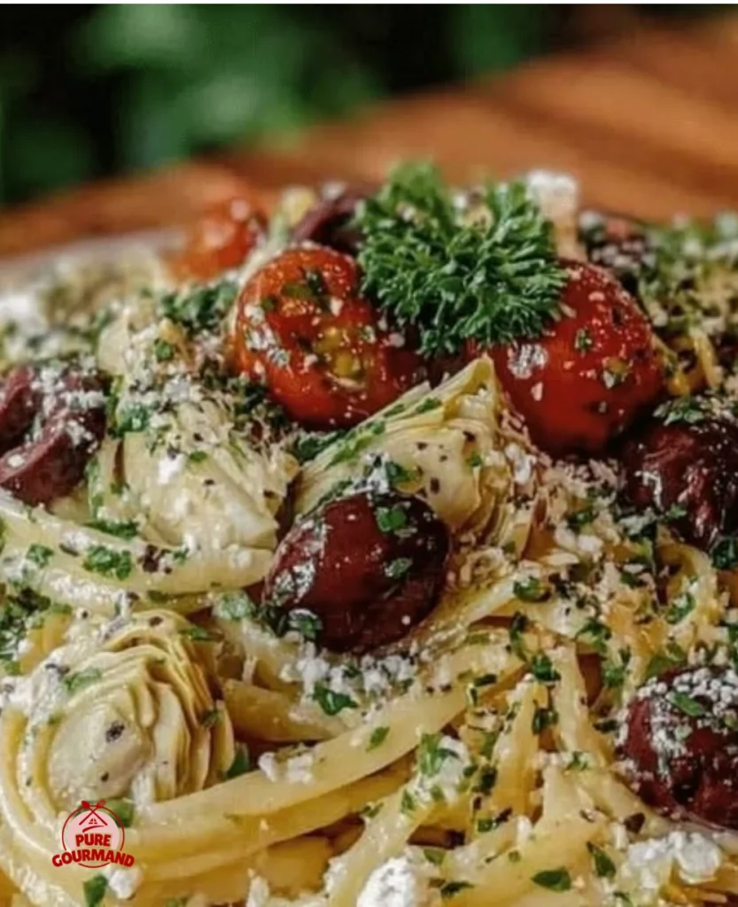 Colorful bowl of Lemon Herb Mediterranean Pasta Salad with fresh vegetables.