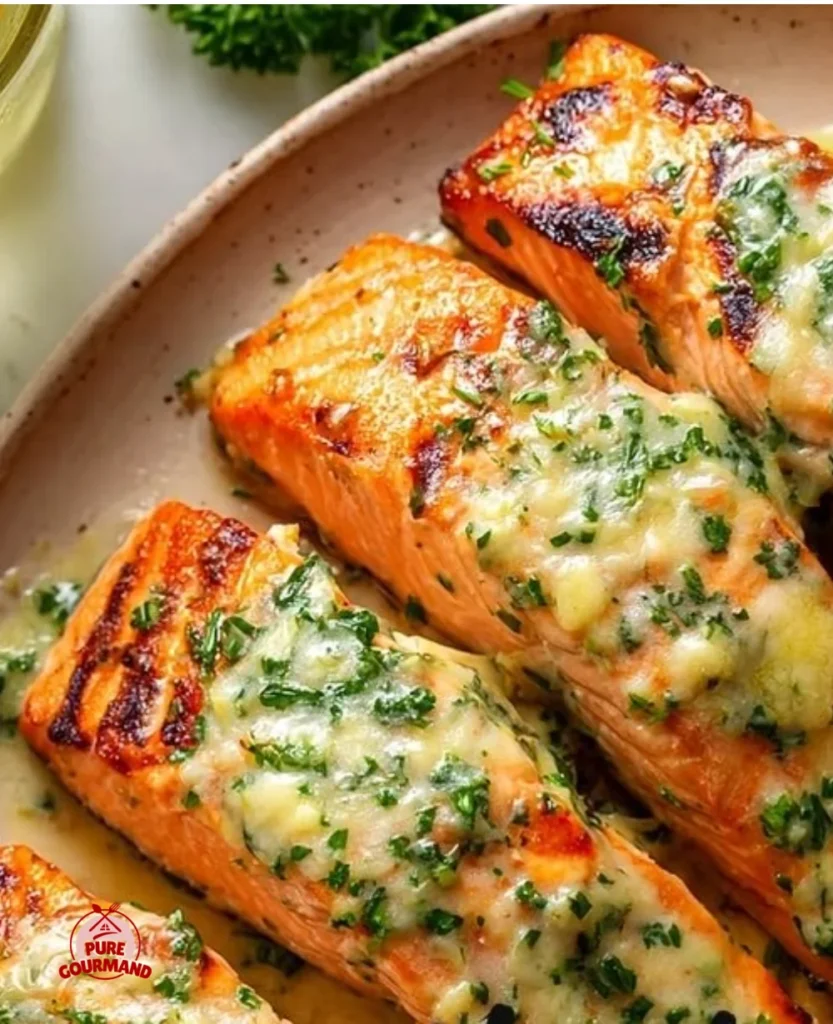 Grilled salmon fillet served with lemon butter sauce and fresh herbs