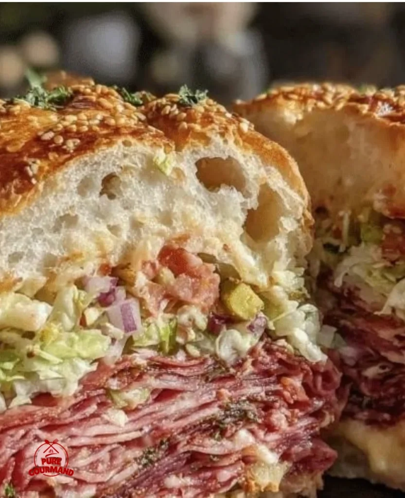 Mouthwatering Muffuletta Sandwich loaded with meats, cheese, and olive salad