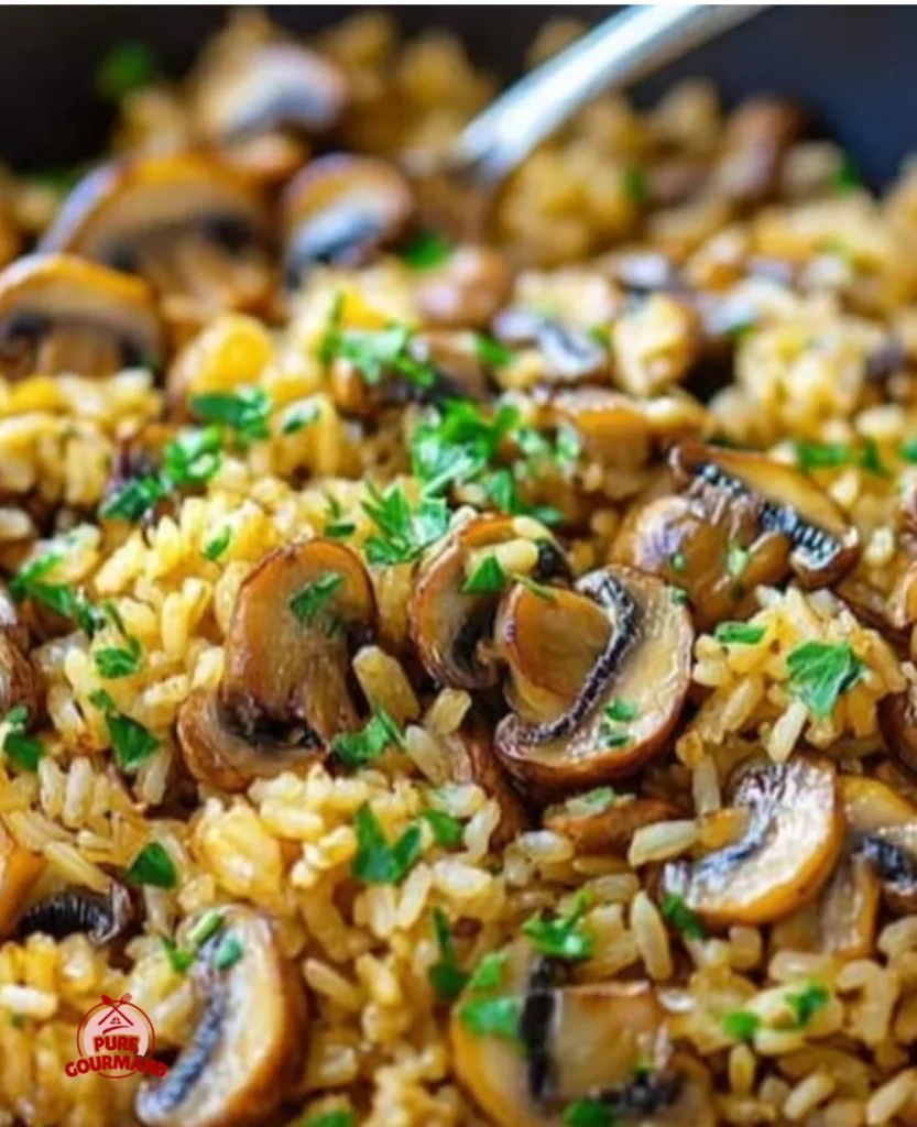 Delicious one-pot mushroom rice served in a rustic bowl.