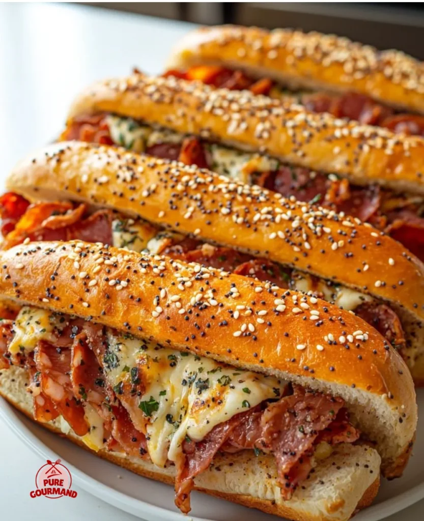 Oven-baked Italian subs with meats and cheese on a platter.