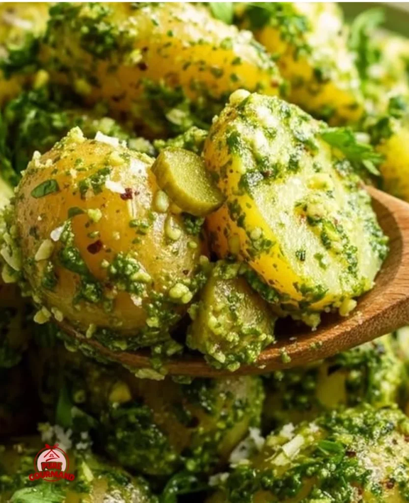 Delicious Parmesan Pesto Potato Salad with fresh herbs and colorful potatoes.