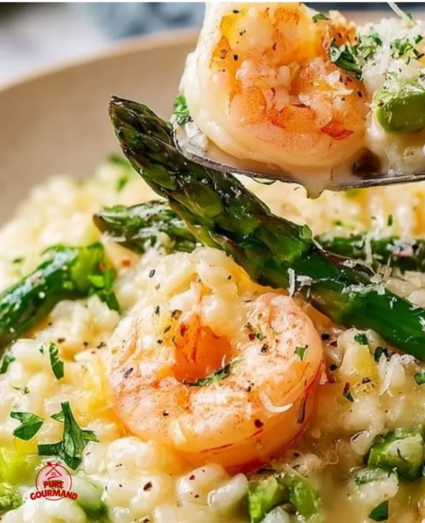 Bowl of Parmesan Shrimp Risotto with asparagus garnished with parmesan cheese