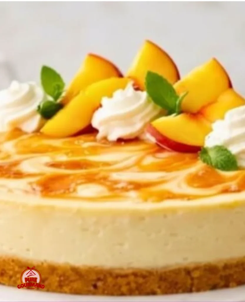 Slice of Peaches and Cream Cheesecake with fresh peaches on top