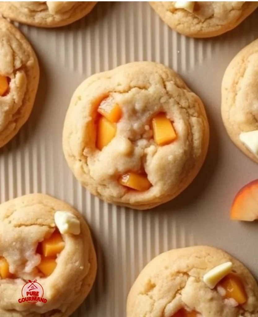 Freshly baked Peaches and Cream Cookies on a cooling rack