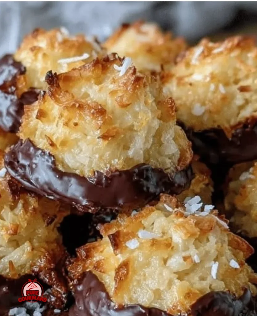 Delicious homemade chocolate-dipped coconut macaroons on a plate