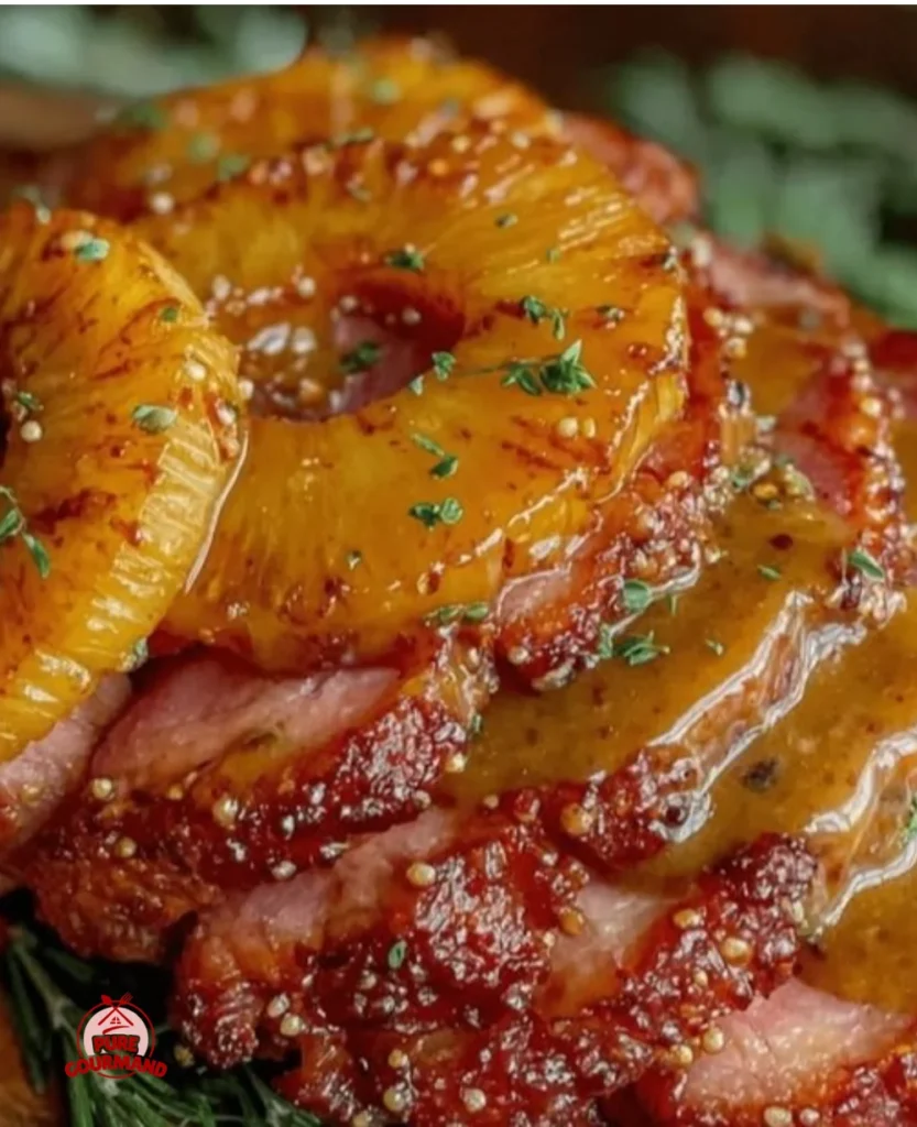 Delicious honey glazed spiral ham drizzled with pineapple mustard sauce.